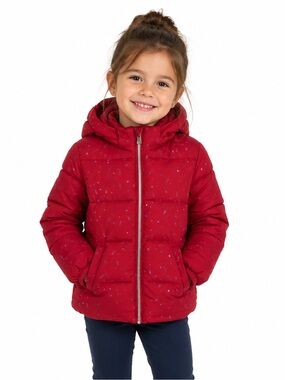 Girls' Hooded Puffer Jacket in Red with Subtle Print